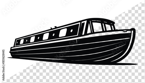 Black narrowboat illustration a classic canal boat silhouette for travel and leisure concepts isolated on a transparent background