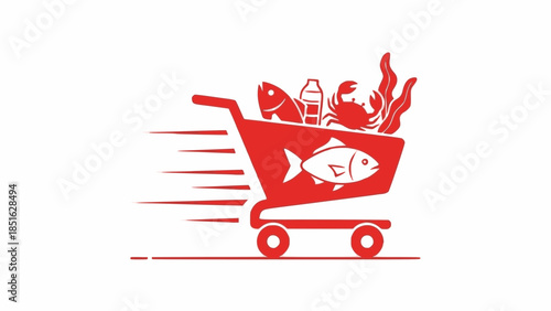 Seafood Shopping Cart Fast Delivery Online Grocery Concept Vector Illustration