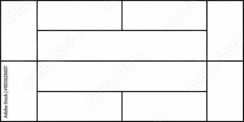 A grid of rectangular and square white spaces with dark outlines shown