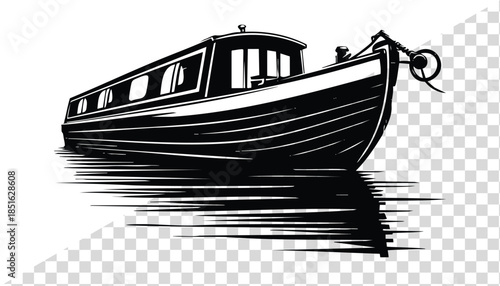 Black and white illustration of a narrowboat on water vintage style canal boat graphic for travel and leisure concepts isolated on transparent background