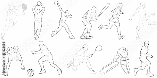 Sketch collection depicting various athletic poses and sports activities in line art