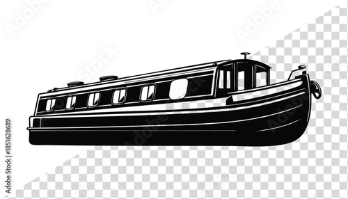 Black narrowboat canal boat illustration a classic watercraft for leisure travel and transport isolated on a transparent background