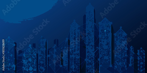 Abstract city skyline with interconnected network of glowing nodes and lines