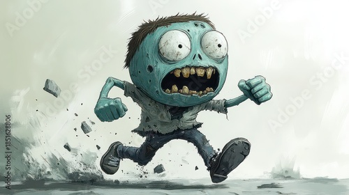 Cartoon zombie child running, scared expression, tattered clothes, debris.