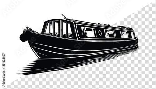 Black narrowboat illustration classic canal boat design for travel and leisure isolated on transparent background