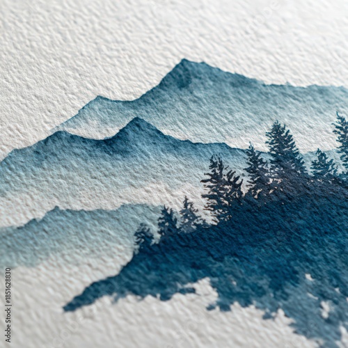 Watercolor mountains and forest scene with layers of blue shades and trees in daytime setting
