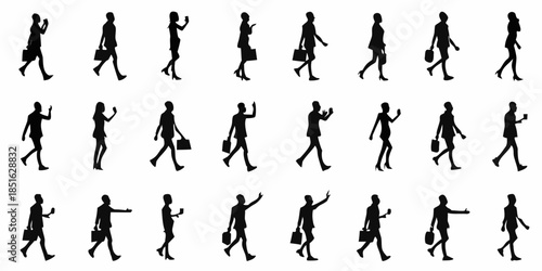 Silhouettes of people walking showcasing diverse poses and business attire