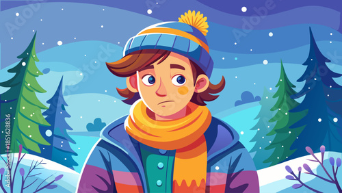 Young person shivering from cold while wearing colorful winter clothing, including a cozy beanie, warm scarf, and thick jacket, expressing the harsh chill of winter weather