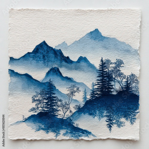Mountain landscape with trees and hills painted in blue tones on textured paper