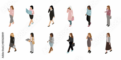 Diverse group of stylized women figures walking in various outfits and poses