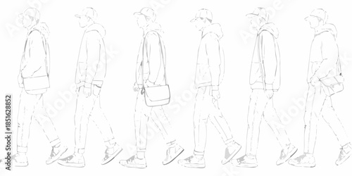 Line art illustration of a man walking in various poses side view