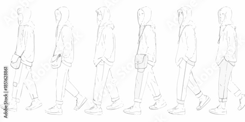 Fashion design sketch of a hooded figure in various walking poses