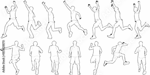 A sequence of running human figures depicted in a linear sketch like style
