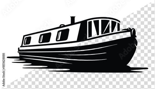 Vintage narrow canal boat silhouette vector Illustration isolated on a white background, Classic Narrowboat Line Art