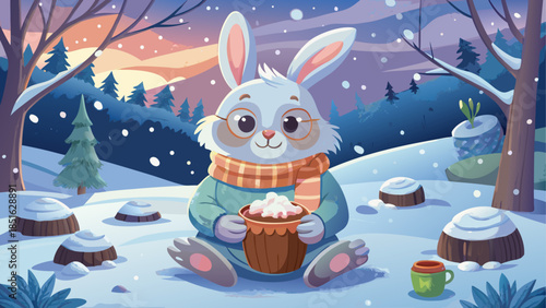 A fluffy bunny wearing a cozy sweater and warm scarf sits peacefully in a snowy winter landscape, sipping hot cocoa topped with marshmallows, round glasses adding a charming and whimsical touch