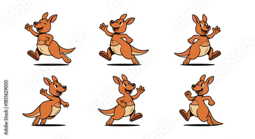 Set of six cartoon kangaroos in different jumping poses.