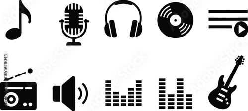 Music Audio Sound Media Entertainment Icons Set with vector illustration