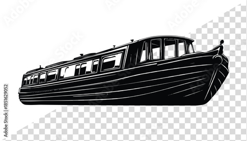 Black narrowboat illustration a classic canal boat with windows isolated on a transparent background for travel and leisure concepts