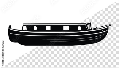 Black narrowboat silhouette a classic canal boat illustration for travel and leisure concepts isolated on a transparent background