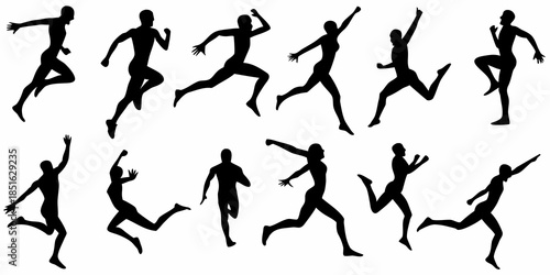 Silhouettes of people running showcasing dynamic movement and athletic performance
