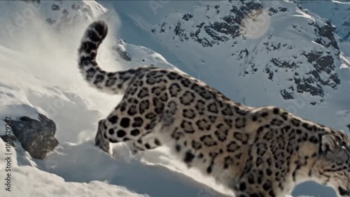 High-Speed Close-Up of Snow Leopard Running Through Mountainous Terrain With Cinematic Slow Motion and Ultra Realistic Textures
