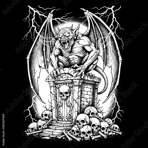 Terrifying Gargoyle Perched on a Tombstone Surrounded by Skulls.