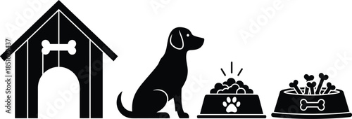 Dog pet care icon set with doghouse puppy silhouette food bowl and bone treats for veterinary and pet shop