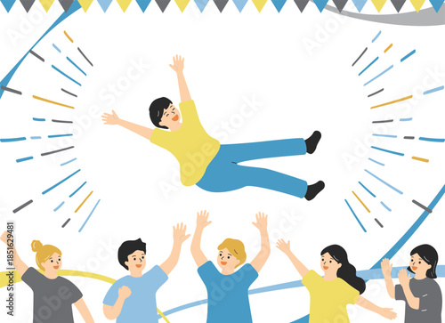 胴上げで祝う人たち