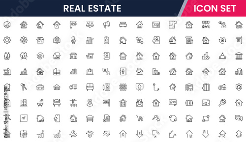 Modern vector web line icons depicting real estate, properties, homes, keys, agents, and investments for housing and property management
