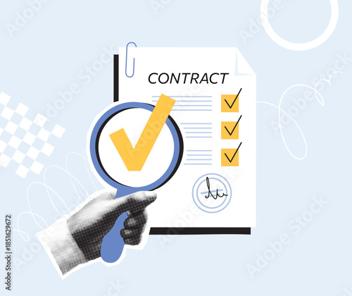 Authenticity control, document verification, and approval concept. Contract with a checklist and document inspection with a magnifying glass. Flat collage illustration with a halftone hand. Vector