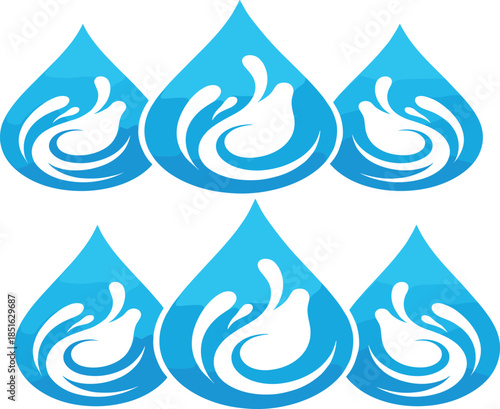 Set of Blue Water Drop Icons with White Splash Effects for Mineral Water Branding and Environmental Awareness Graphic Design.