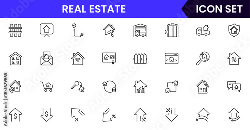 Modern vector web line icons depicting real estate, properties, homes, keys, agents, and investments for housing and property management