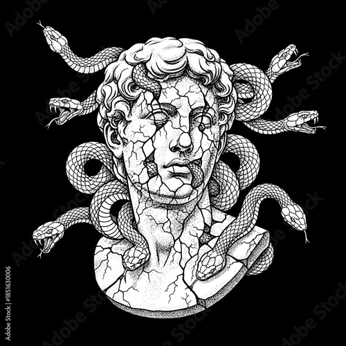 Ancient Greek Bust Sculpture with Snakes.