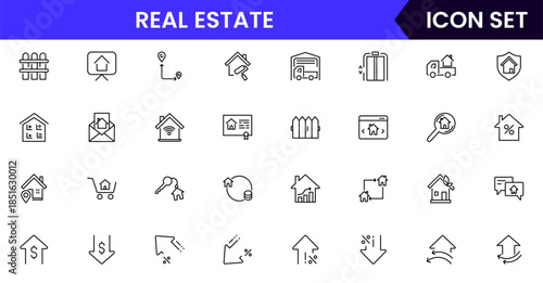 Modern vector web line icons depicting real estate, properties, homes, keys, agents, and investments for housing and property management