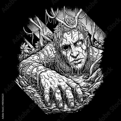 A Terrifying Zombie Emerging From Murky Swamp Waters.