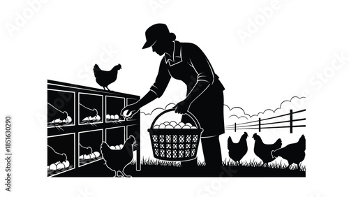 Farmer collecting fresh eggs from nesting boxes in a black and white rustic farm setting