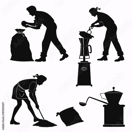 Traditional coffee preparation silhouettes