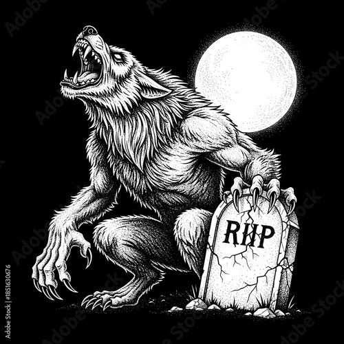 Werewolf Howling at the Moon Next to a Gravestone.