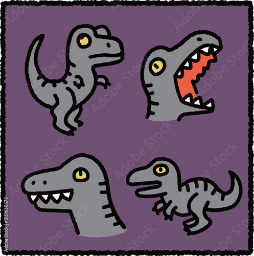 Hand-Drawn Velociraptor Character Set in Naive Cartoon Style for Kids Design