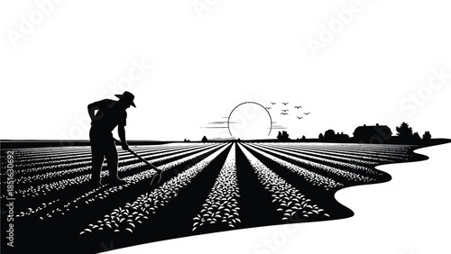 Silhouette of a farmer working the field at sunrise with crops stretching toward a distant farmhouse