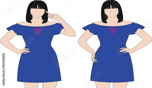 Set of Faceless Woman Illustrations Wearing Fashionable Blue Off-shoulder Dress with Confident Poses for Clothing and Lifestyle Branding.