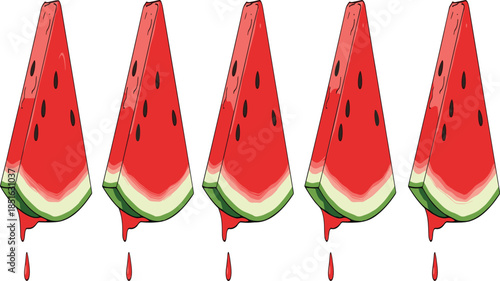 Set of Five Juicy Watermelon Slices with Dripping Red Juice for Summer Refreshment and Healthy Food Graphic Design.