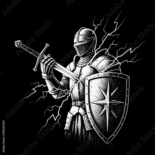 Knight in Full Armor Holding Sword and Shield Ready for Battle.