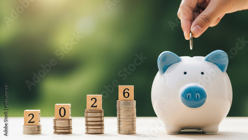 Hand putting coin into piggy bank with growing coin stacks