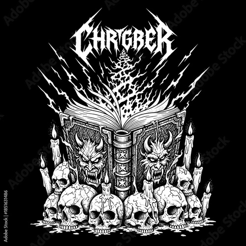 Demonic Book of Spells with Skulls and Candles.