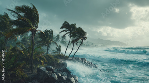 Fototapeta Naklejka Na Ścianę i Meble -  Strong wind hurricane hitting island flood concept. Dramatic seascape with strong winds and crashing waves.