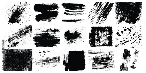 Abstract design with bundle of different ink brush strokes .Paintbrush set template. Grunge brushes collection. Brush stroke paint border in ,Dirty textures of banners, boxes, frames, Painted texture