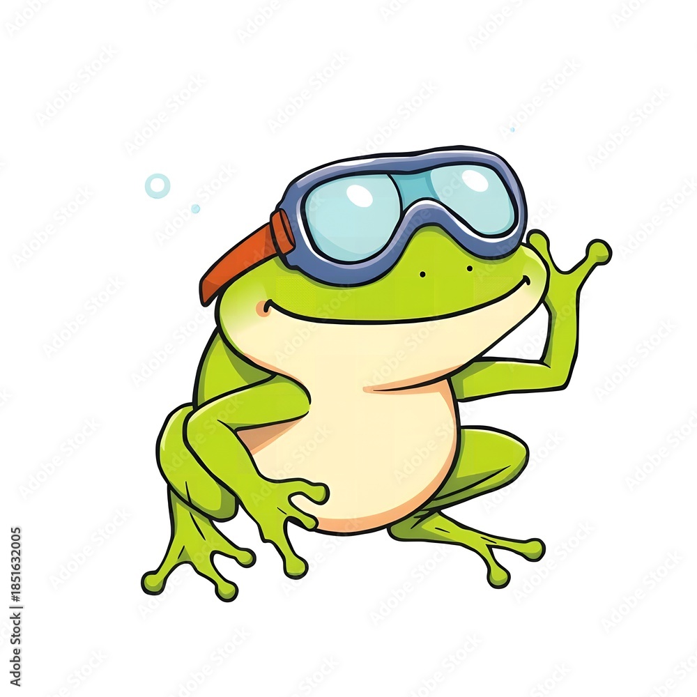 Obraz premium Smiling green frog wearing blue swimming goggles with an orange strap waving Animal