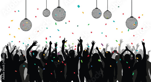 Abstract colorful party dance background with silhouettes of people dancing