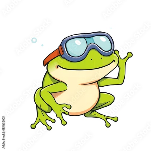 Smiling green frog wearing blue swimming goggles with an orange strap waving Animal